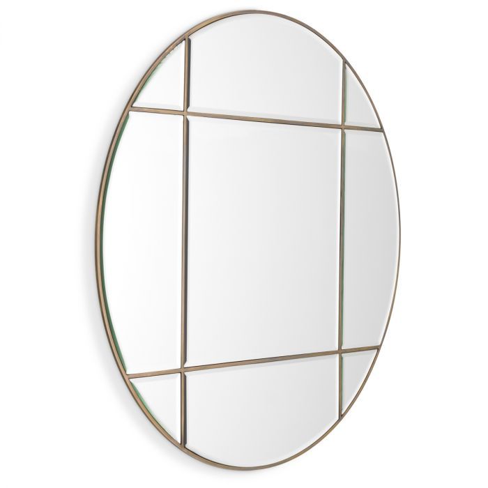 Circular wall mirror with antique brass frame