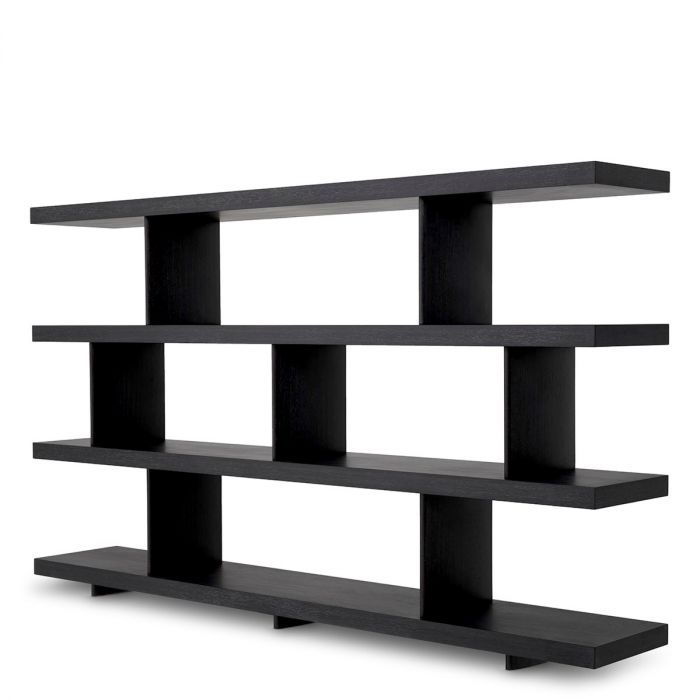 A contemporary set of shelves with offset sections, finished in charcoal grey