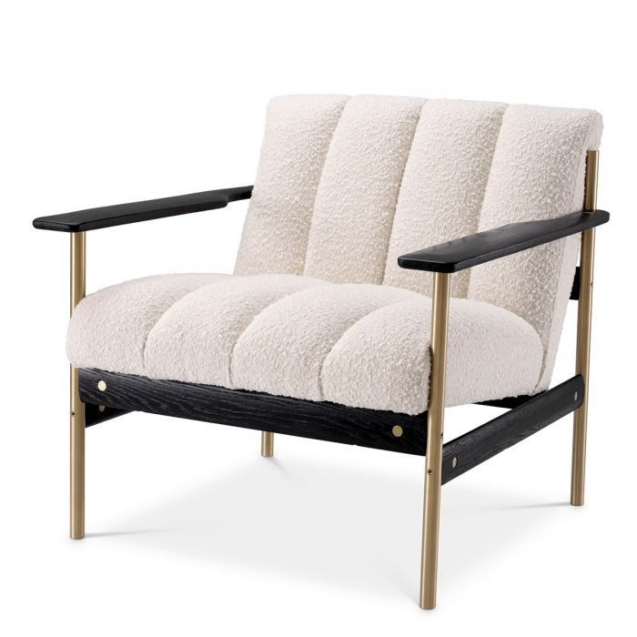 Stylish boucle cream armchair with deep channel stitching and sleek black arms