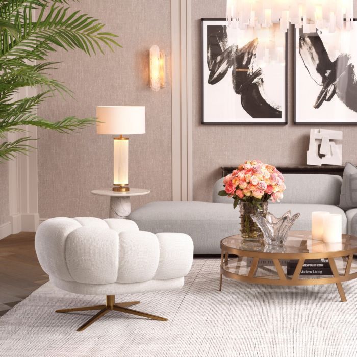 Side lamp with delicate glass columns surrounding the base and white shade