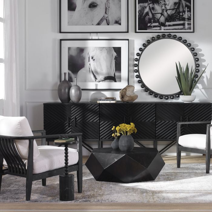 Dark wood coffee table with geometric silhouette