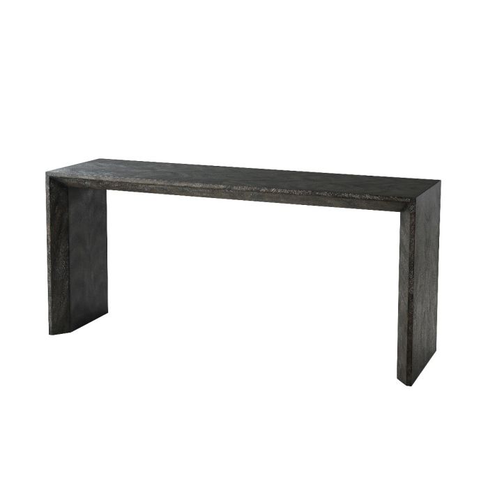 Large dark wooden console table with natural stain and rectangular shape
