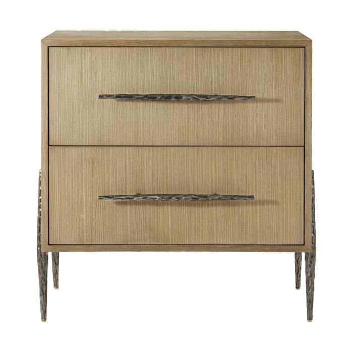 Wooden bedside table with textured cast metal base