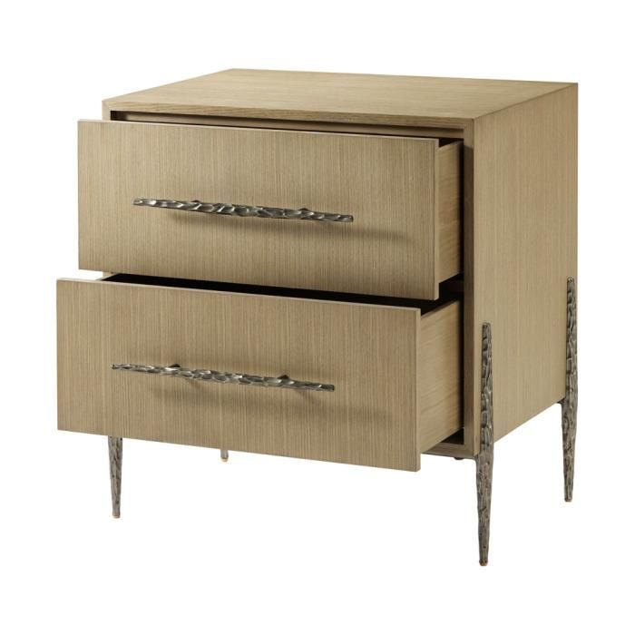 Wooden bedside table with textured cast metal base
