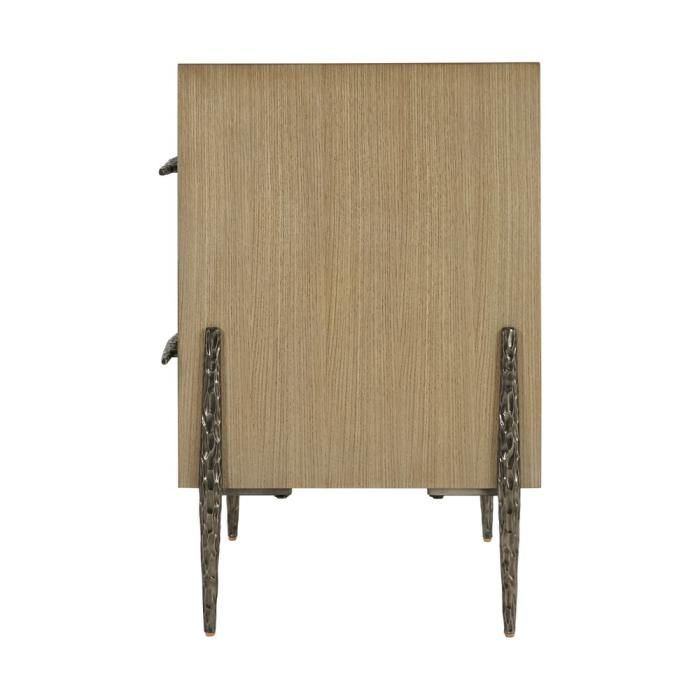 Wooden bedside table with textured cast metal base