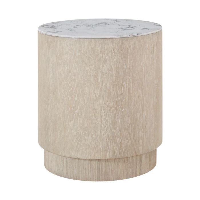Round side table in light wood finish with white marble top