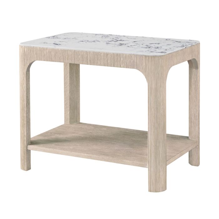 Square light wood coffee table with ridged finish, complete with white marble top 