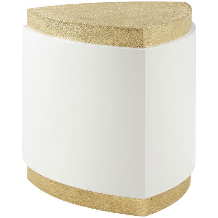 Triangular side table with white finished centre and golden accents