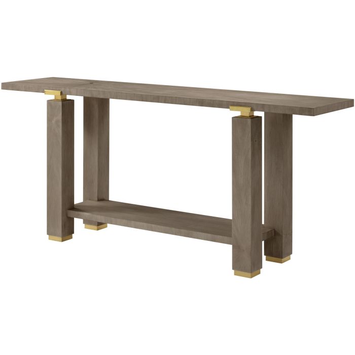 Console table with dark wood finish and gold accents