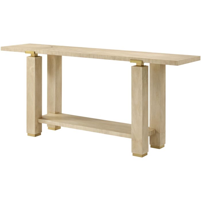 Light wood console table with gold joinery accents