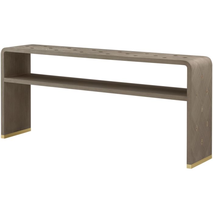 Dark wood console table with diamond accents and curved silhouette