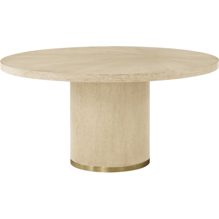Light wood round dining table with gold accents