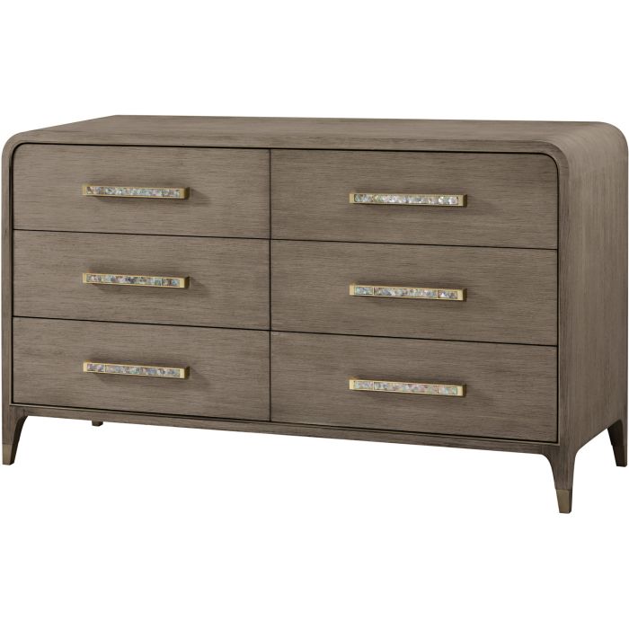 Chest of six drawers with dark wood finish and mother of pearl accents