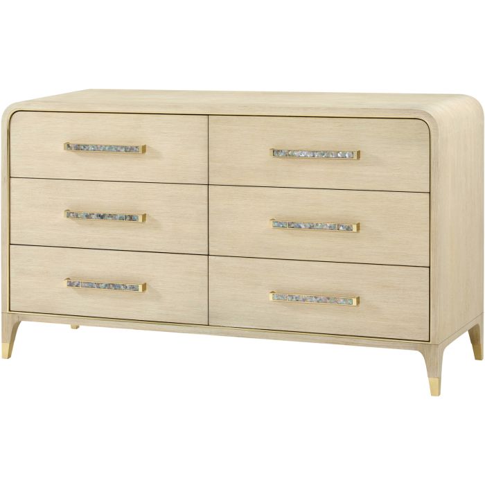 Chest of drawers with light wood finish and mother of pearl handles, six drawers