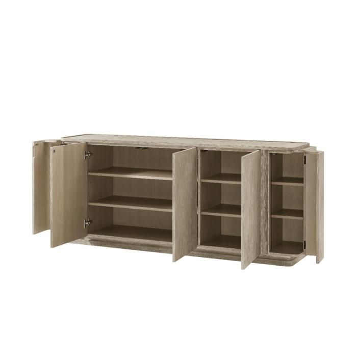 Washed wood sideboard with marble top and three doors