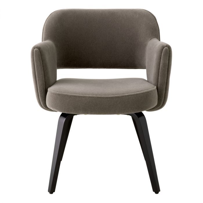 Brown mohair upholstered dining chair, with classic silhouette and black wooden legs