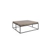 Square coffee table with black metal legs and wooden tabletop