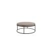 Round coffee table with black metal legs and wooden tabletop