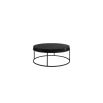 Round coffee table with black metal legs and black wooden tabletop