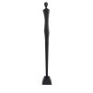 Sleek metal sculpture of a human-like silhouette, in black finish. Floor standing size