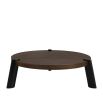 Small round coffee table with black metal legs and walnut veneer tabletop