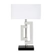 Stylish geometric style table lamp with rectangular white shade in stainless steel finish