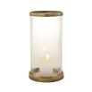 An elegant, large glass candle holder with an antique brass base and rim