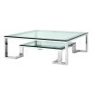 Contemporary glass coffee table with stainless steel frame and small shelf