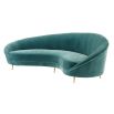 Designer contemporary design sofa in luxury turquoise velvet with petite brass legs