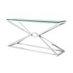 Clear glass top, angular base, nickel finished console table