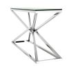 Clear glass top, angular base, nickel finished console table
