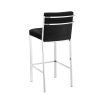 An elegant designer black velvet seat bar stool with stainless steel legs 