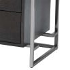 A luxurious six drawer dresser in a charcoal oak finish with a glass surface and metal frame