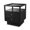 Sleek and bold bedside table with tray top, shelf and two drawers for storage and round nickel handles