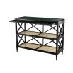 A stunning black mahogany and rattan console table with  a glass surface