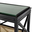 A stunning black mahogany and rattan console table with  a glass surface