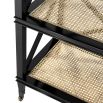 A stunning black mahogany and rattan console table with  a glass surface
