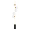 Modern, brass finish floor lamp with 5 glass lampshade detailing and black marble base