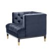blue velvet armchair with deep-buttoning and black & brass legs 