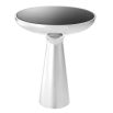 Sleek low silver side table with black glass table top