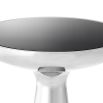 Sleek low silver side table with black glass table top