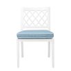 white outdoor dining chair with blue and white cushion