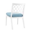 white outdoor dining chair with blue and white cushion