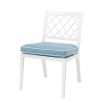 white outdoor dining chair with blue and white cushion