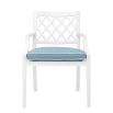 white dining chair with arms and a blue and white seat cushion - suitable for outdoor