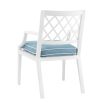 white dining chair with arms and a blue and white seat cushion - suitable for outdoor