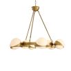 A gorgeous mid-century modern chandelier with white glass and brushed brass elements