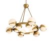 A gorgeous mid-century modern chandelier with white glass and brushed brass elements