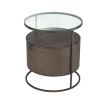 A luxurious dark woven oak bedside table with a glass table top