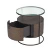 A luxurious dark woven oak bedside table with a glass table top